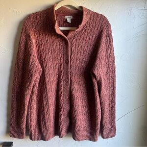 LL Bean Long Cable Knit 100% Cotton Cardigan Heathered Red Sz M Fisherman Preppy